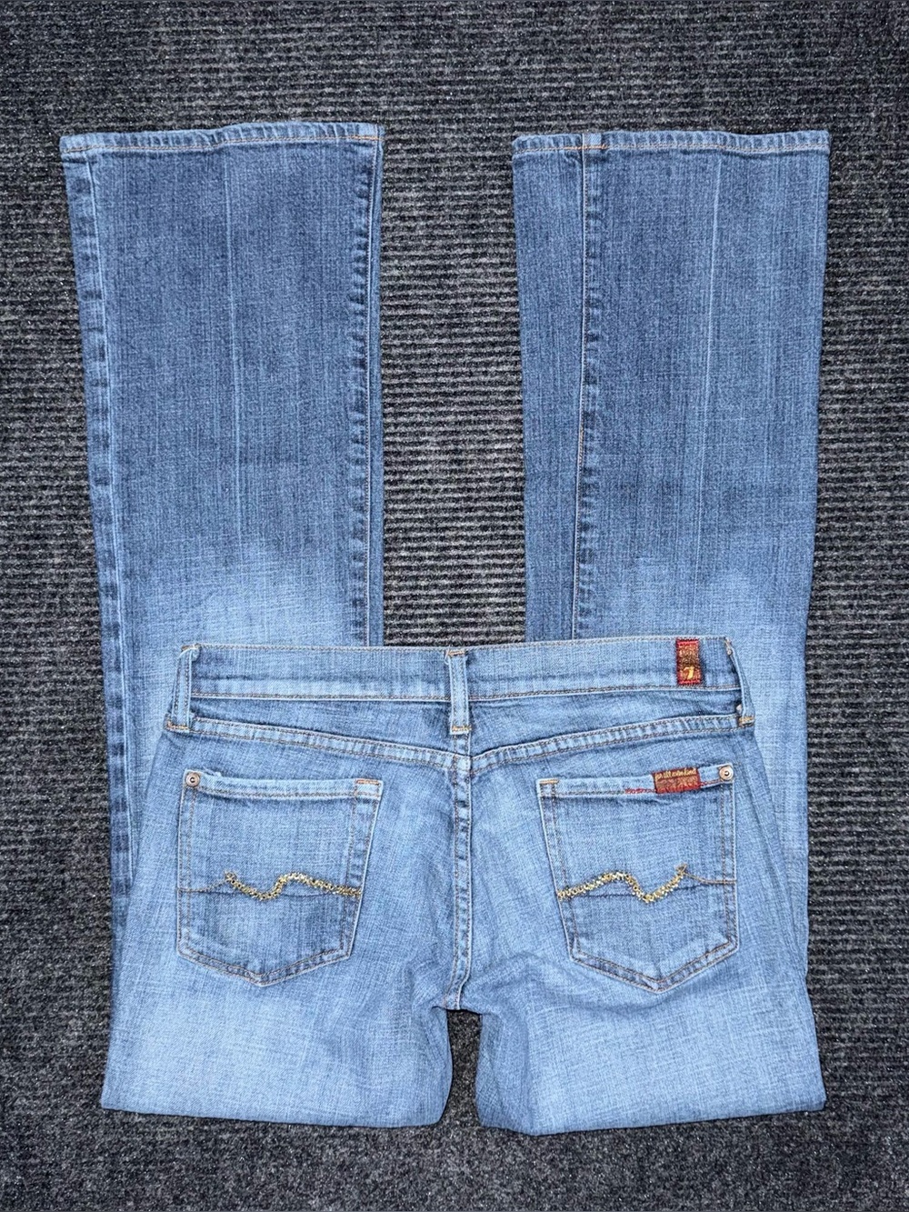 7 For All Mankind Low Rise Bling Pocket Bootcut Jeans 28x32 USA Made Blue Denim